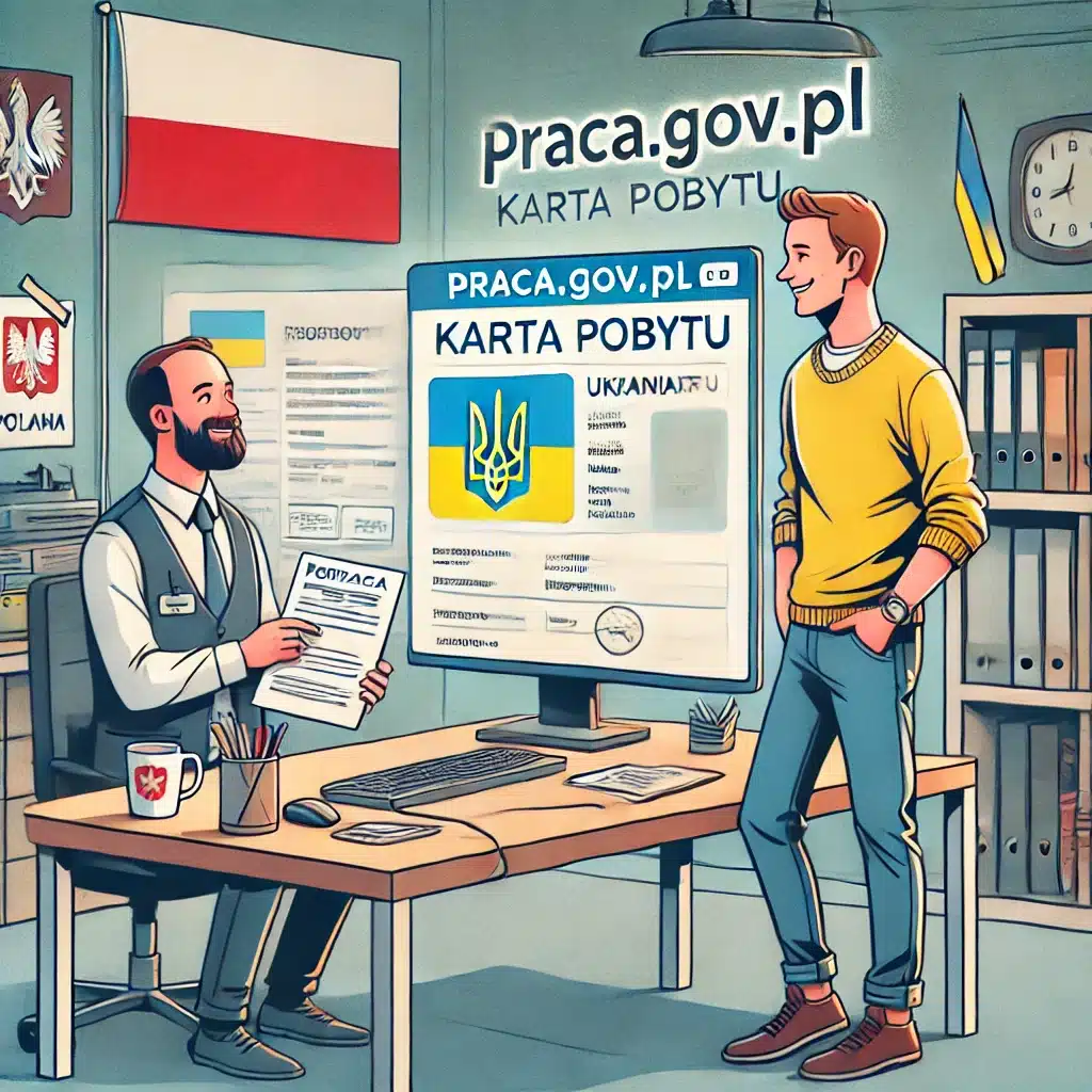 Jak zatrudnić obywatela Ukrainy, który jest w Polsce na podstawie karty pobytu? 1 DALL·E 2024 08 19 10.09.08 A detailed illustration of a small business office in Poland where a Ukrainian worker is being hired. The scene includes a computer screen displaying