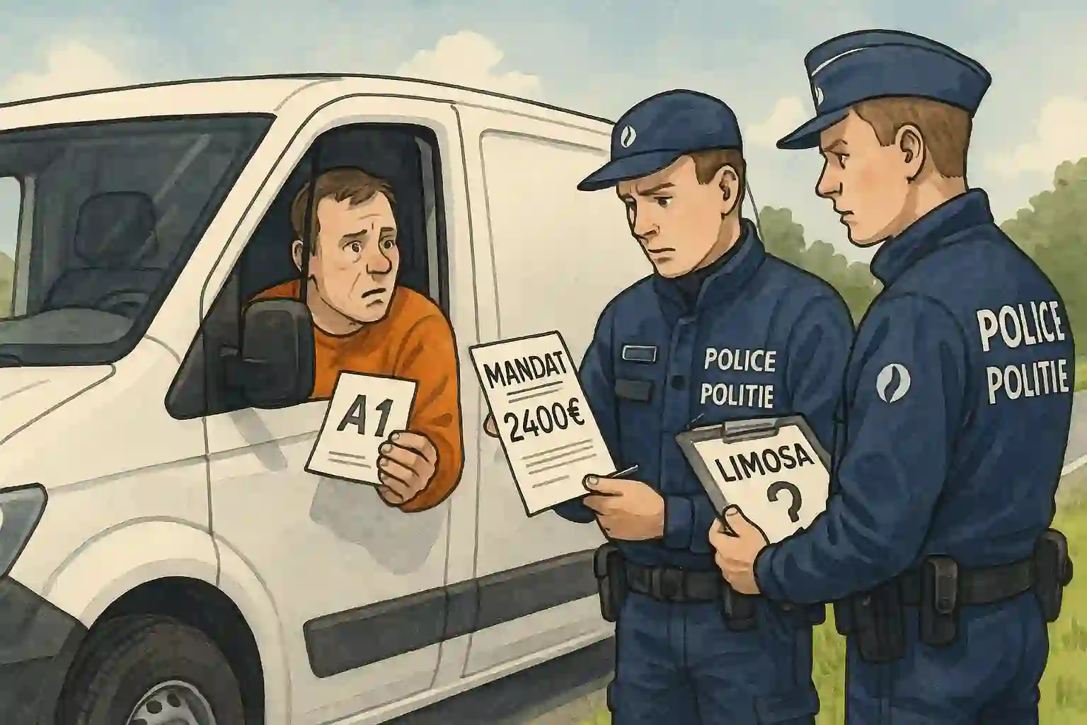 Ilustracja przedstawia kontrolę drogową w Belgii: polski kierowca busa budowlanego o imieniu Tomasz siedzi w białym busie i trzyma w ręku formularz A1, a przed nim stoją dwaj belgijscy policjanci w granatowych mundurach. Jeden funkcjonariusz pokazuje mandat na 2400 euro, drugi trzyma teczkę z napisem Limosa i znakiem zapytania, podkreślając brak zgłoszenia Limosa mimo posiadania A1.