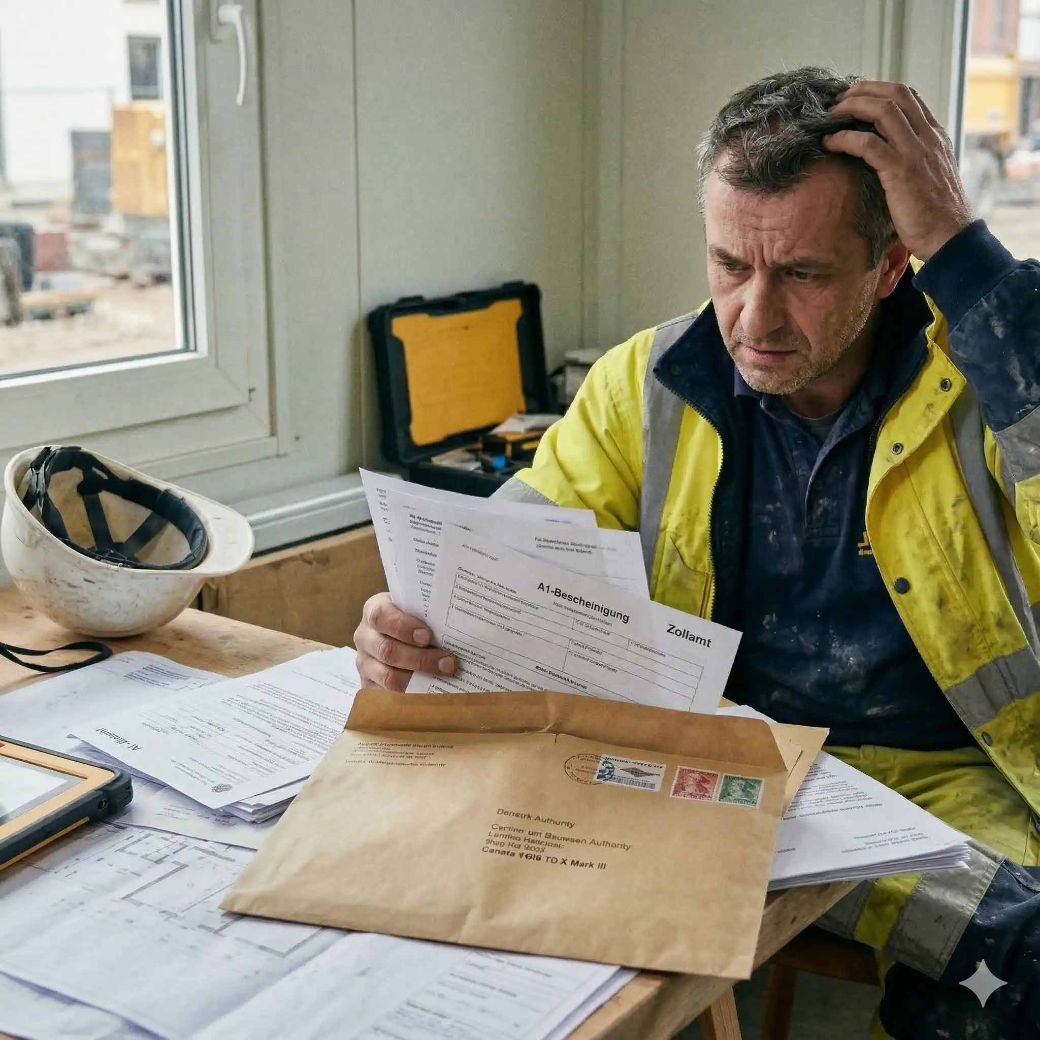 Zmartwiony mężczyzna czytający pismo w sprawie problemów z zaświadczeniem A1